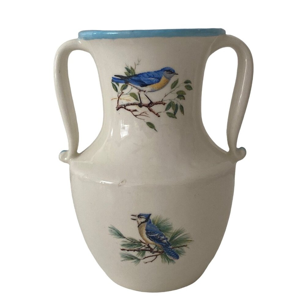 Vintage Two Handled Vase Blue Birds Ceramic